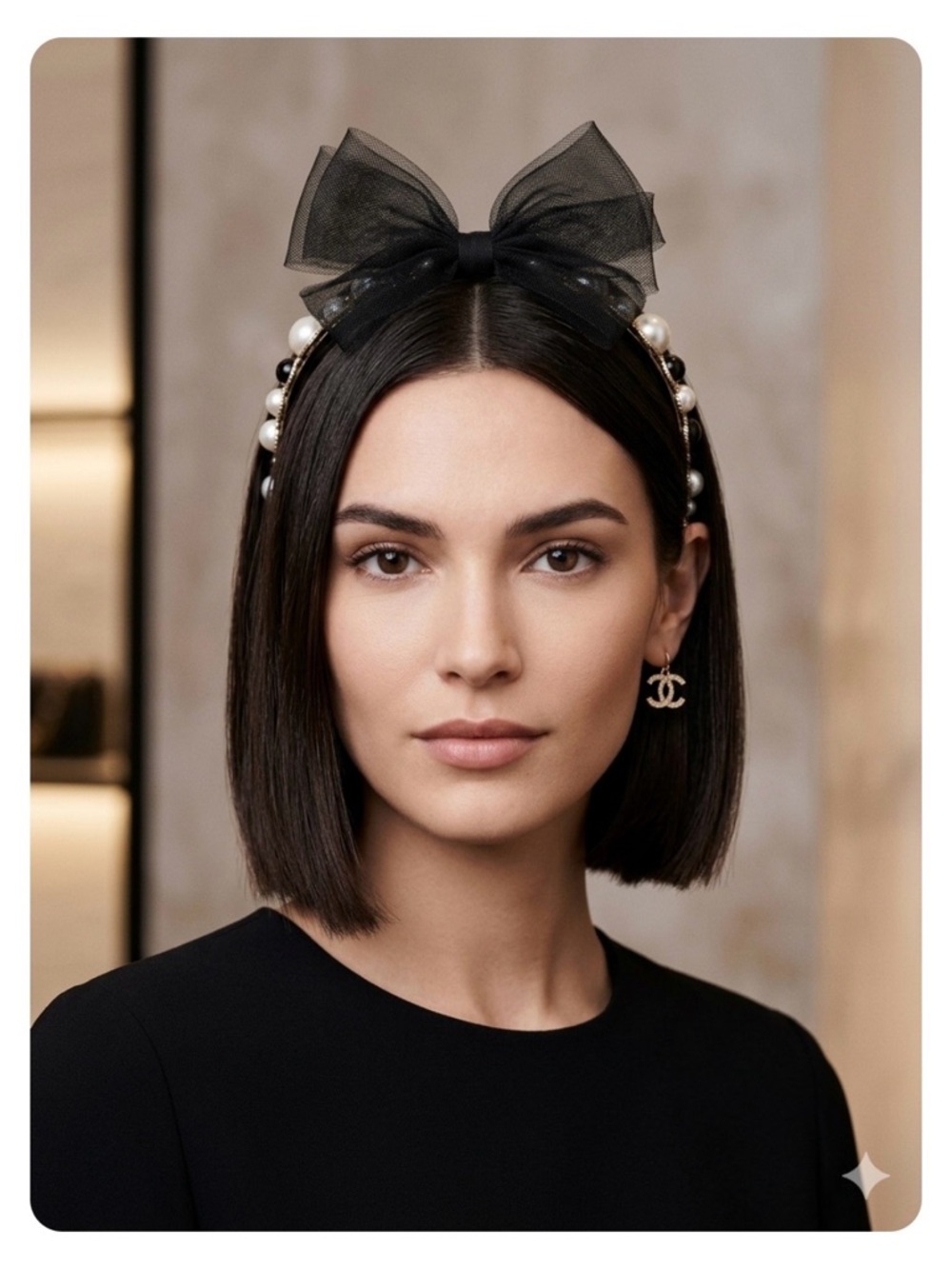 Chanel Black Bow Gold Pearl Headband